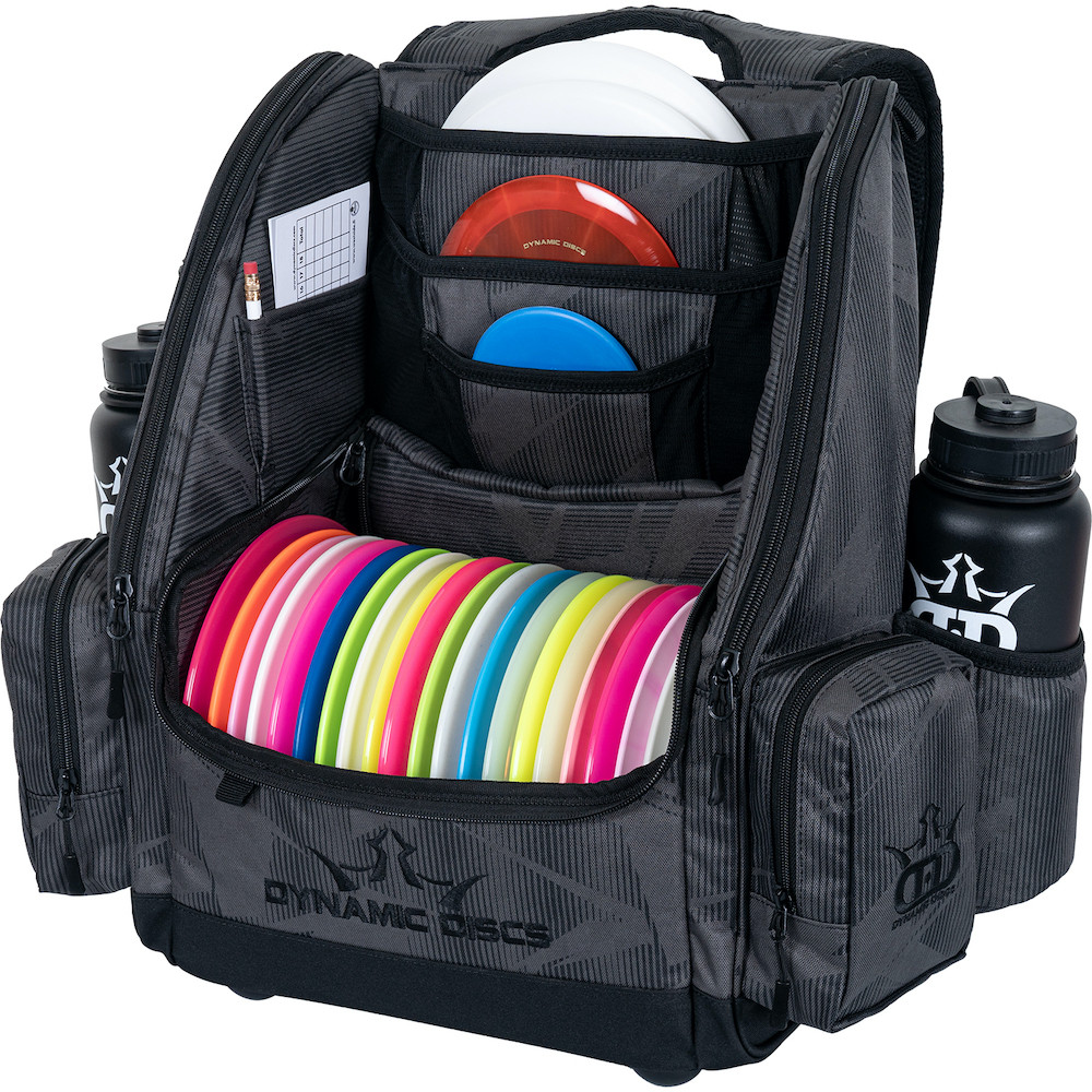 Dynamic Discs COMMANDER BACKPACK Disc Golf Bag -  Graphite Hex color. Shows a fully-loaded Commander bag with full capacity of discs, putters in the upper pockets and water bottles in the side compartments.