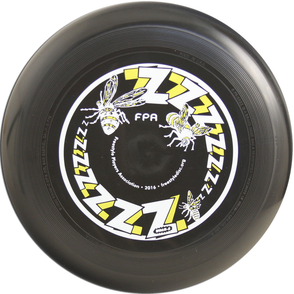 WHAM-O 100 MOLD FRISBEE - CUSTOM FPA 2016 DESIGN. Shows top view of black disc.