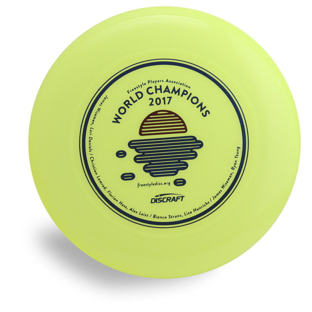 Discraft Sky-Styler FPA 2019 Design. Top view of yellow disc.