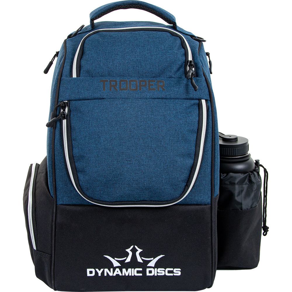 Dynamic Discs TROOPER BACKPACK Bag for Disc Golf - Darker blue bag with black bottom half, front view, with disc pocket closed