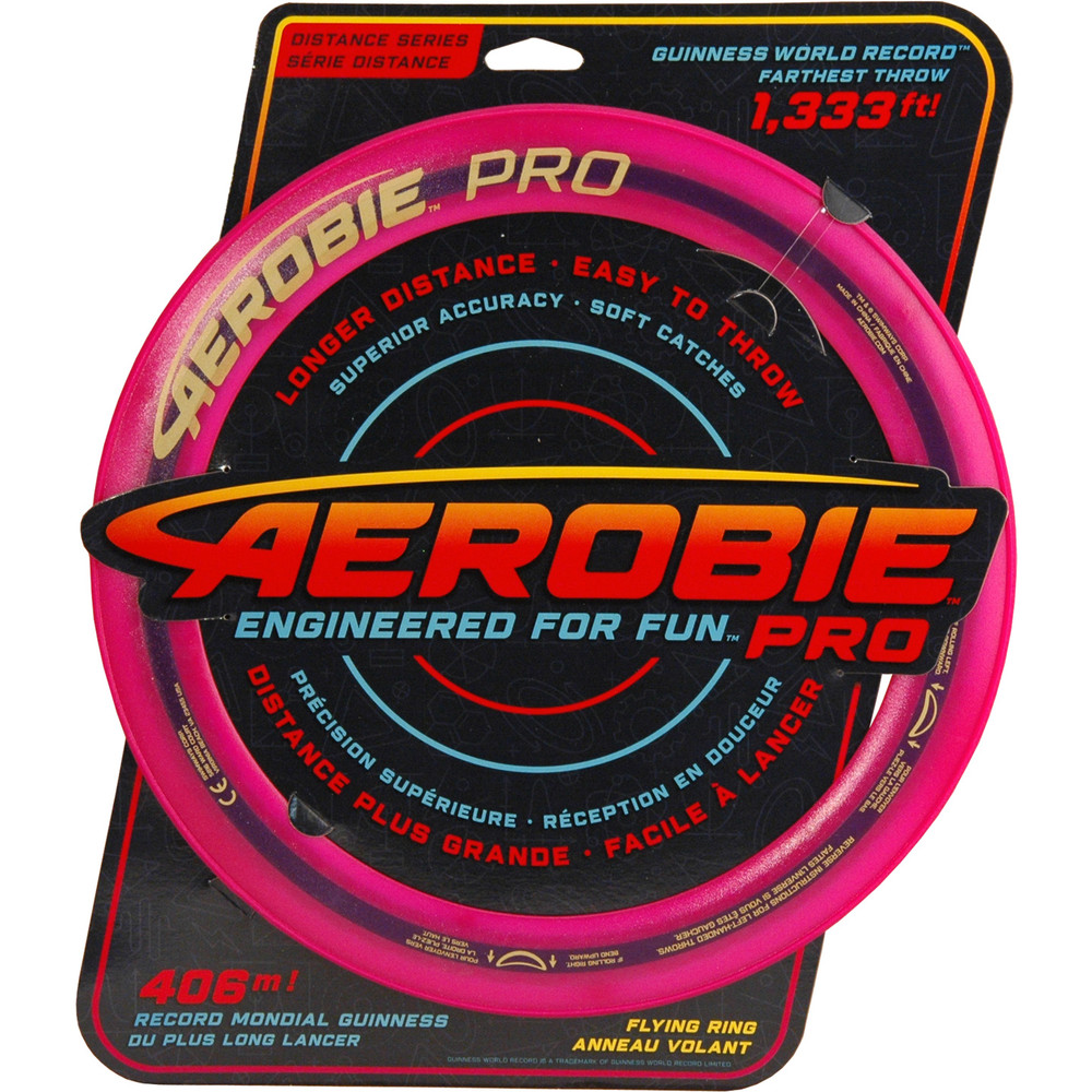 Aerobie PRO FLYING RING - 13" Assorted Colors - top view of pink ring in packaging