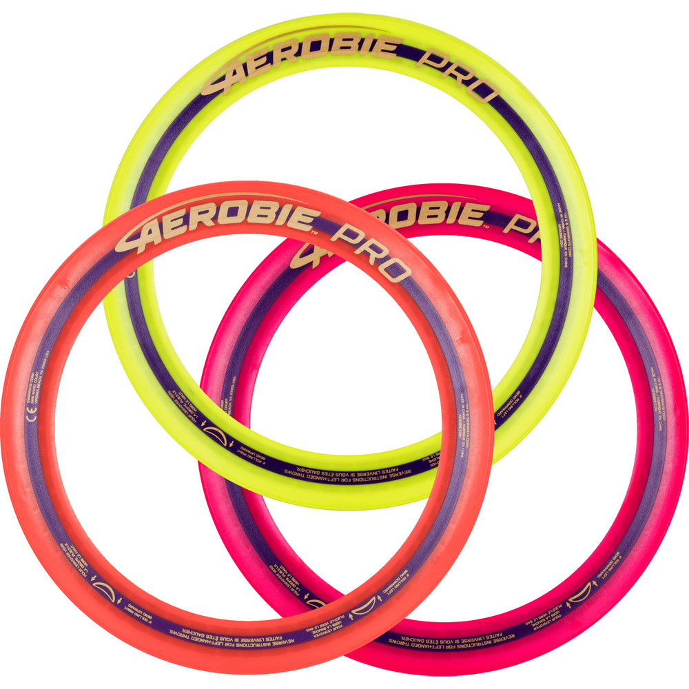 AEROBIE PRO FLYING RING 3 PACK. Top view of three rings, yellow, orange and red. They are overlapping each other with the red one on top.