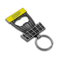 Innova BOTTLE OPENER KEYCHAIN - Discatcher Basket Design - front view of item laying on white background. This one is silver metal with a yellow band.