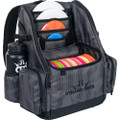 Dynamic Discs Commander Cooler Backpack Disc Golf Bag -  Graphite Hex color. Shows angled front view of a  fully-loaded bag with full capacity of discs, putters in the upper pockets and water bottles in the side compartments.