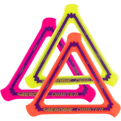 Aerobie ORBITER SOFT BOOMERANG 3 Pack. Top view of three different colors of boomerangs spread out and overlapping. There is a yellow, a pink and a red one.