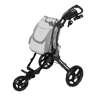 ROVIC RV1D Disc Golf Cart from ProActive Sports - shows cart in expanded, usable configuration with diagram of a backpack disc golf bag hung on the frame.