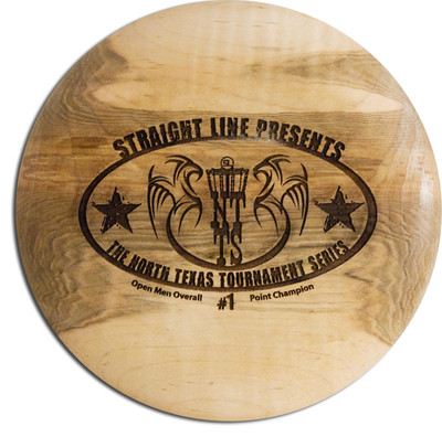 CUSTOM ENGRAVED WOOD DISC GOLF TROPHY, STRAIGHT LINE