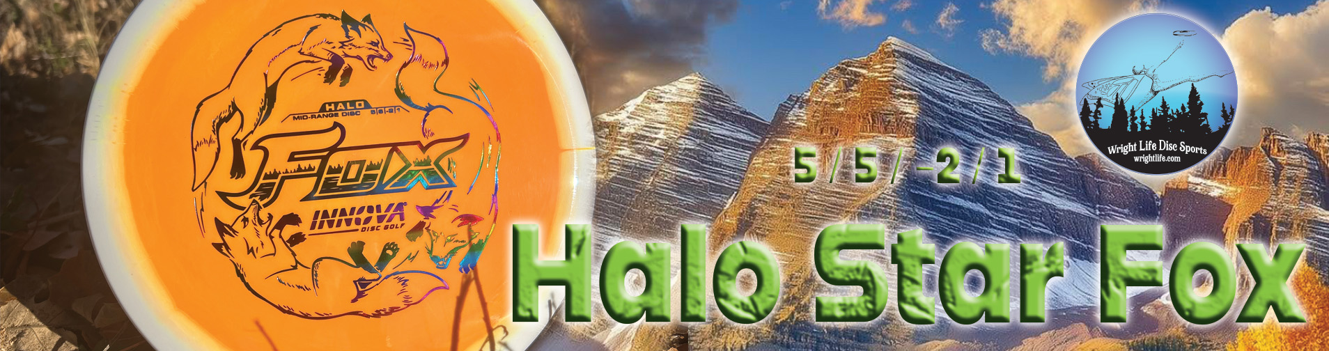 Shows a selection of disc golf bags to one side and a person throwing down a mountain slope behind them.