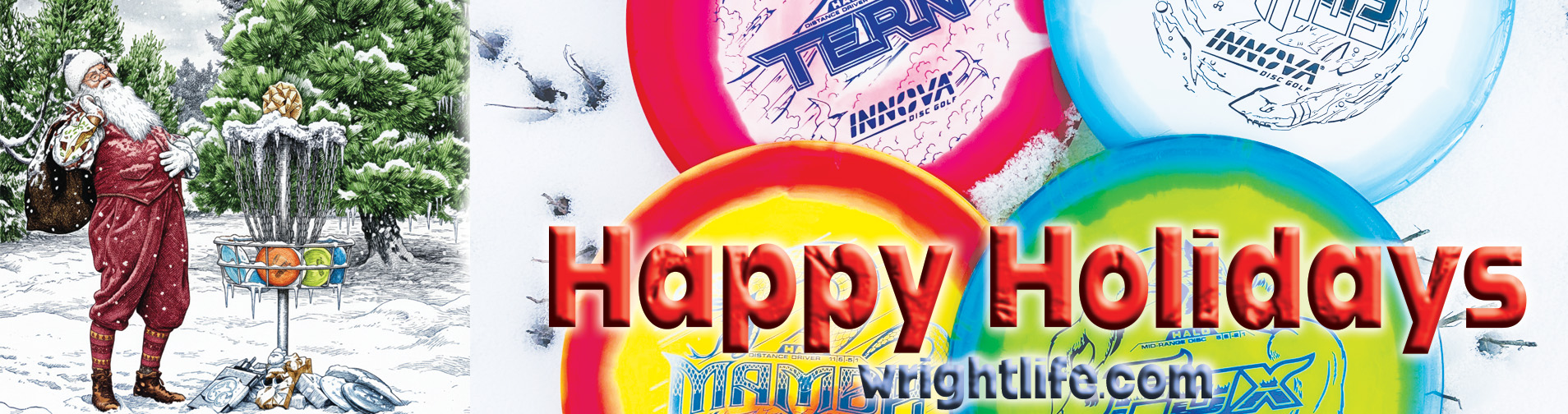 Shows a selection of disc golf bags to one side and a person throwing down a mountain slope behind them.