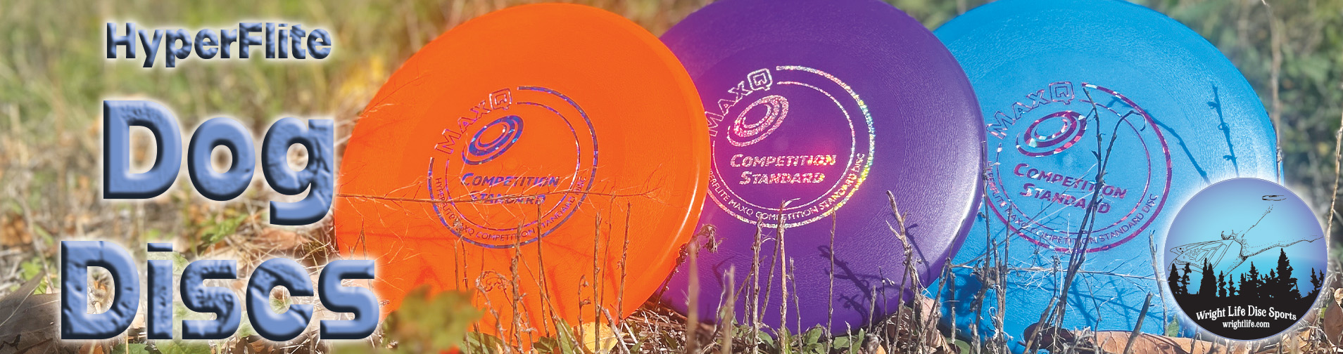 Shows a selection of disc golf bags to one side and a person throwing down a mountain slope behind them.