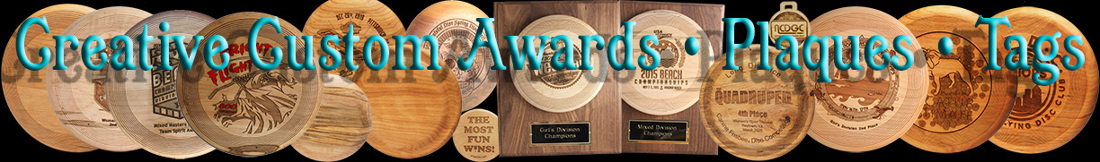 Shows a selection of disc golf bags to one side and a person throwing down a mountain slope behind them.