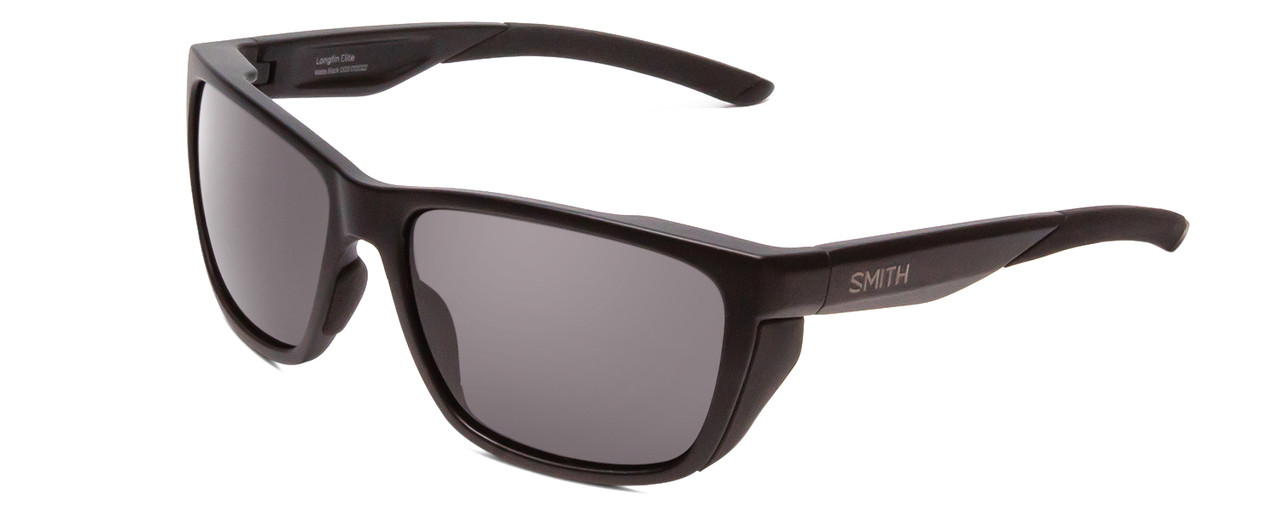 Profile View of Smith Longfin Elite Wrap Designer Sunglasses in Black/Polarized Gray Smoke 59 mm