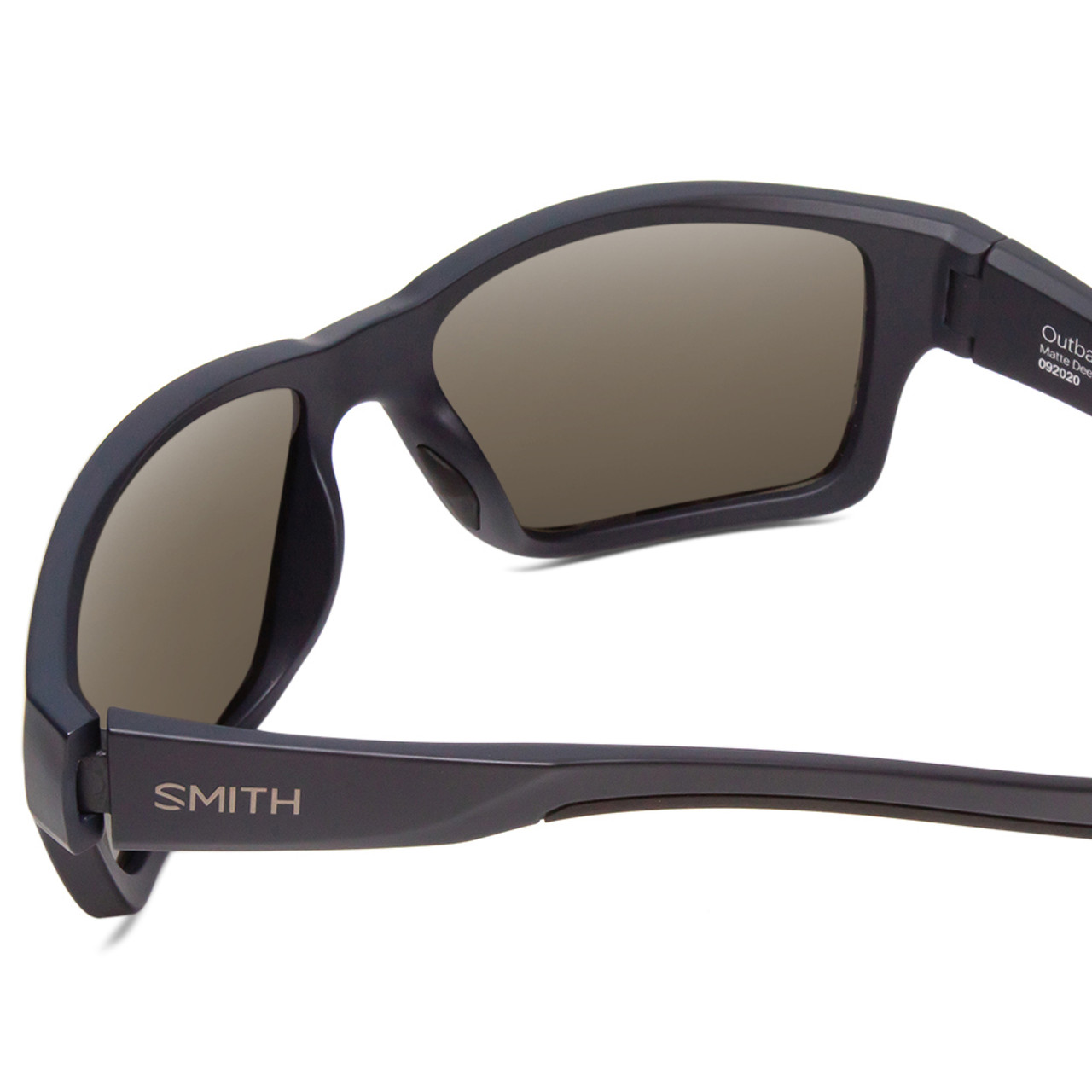 Close Up View of Smith Outback Elite Sunglasses in Deep Ink Navy Blue/CP+Polarize Gray Green 59mm