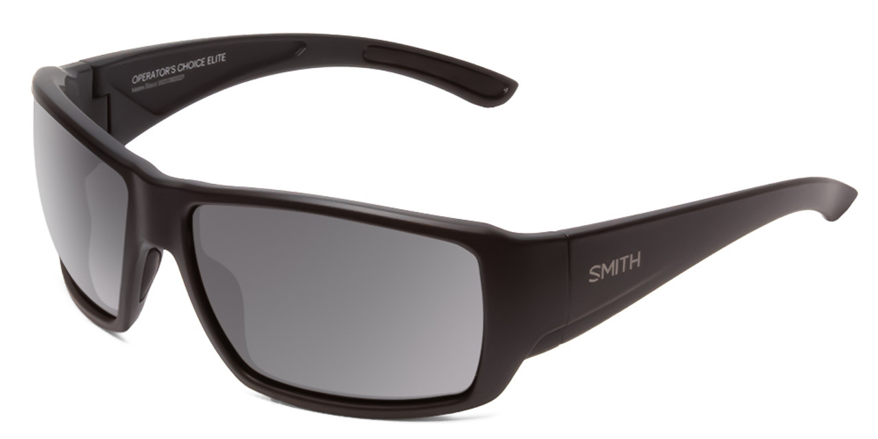 Profile View of Smith Operators Choice Unisex Wrap Designer Sunglasses in Matte Black/Gray 62 mm