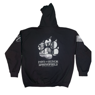 All black hoodie with white ink designs on the front, sleeves and back in collaboration with Springfield Distillery. The design on the back is the Paws of Honor logo mixed with the Springfield Distillery logo. GruntStyle logo on one sleeve, American Flag on the other.