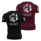 Cover photo for GruntStyle made Paws of Honor collaborative shirt done with Springfield distillery. Both featuring front and back prints in white ink, one on a black shirt, the other maroon.