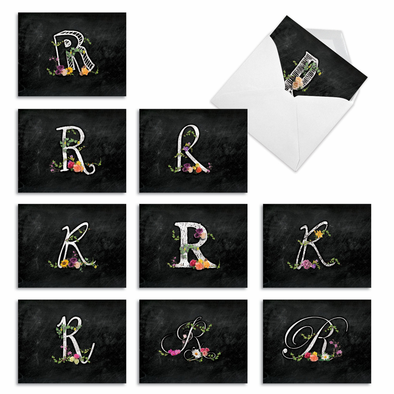 Note Cards Initial R Chalk And Roses Initial R, Assorted Set Of 10 Printed Blank Notecards ...