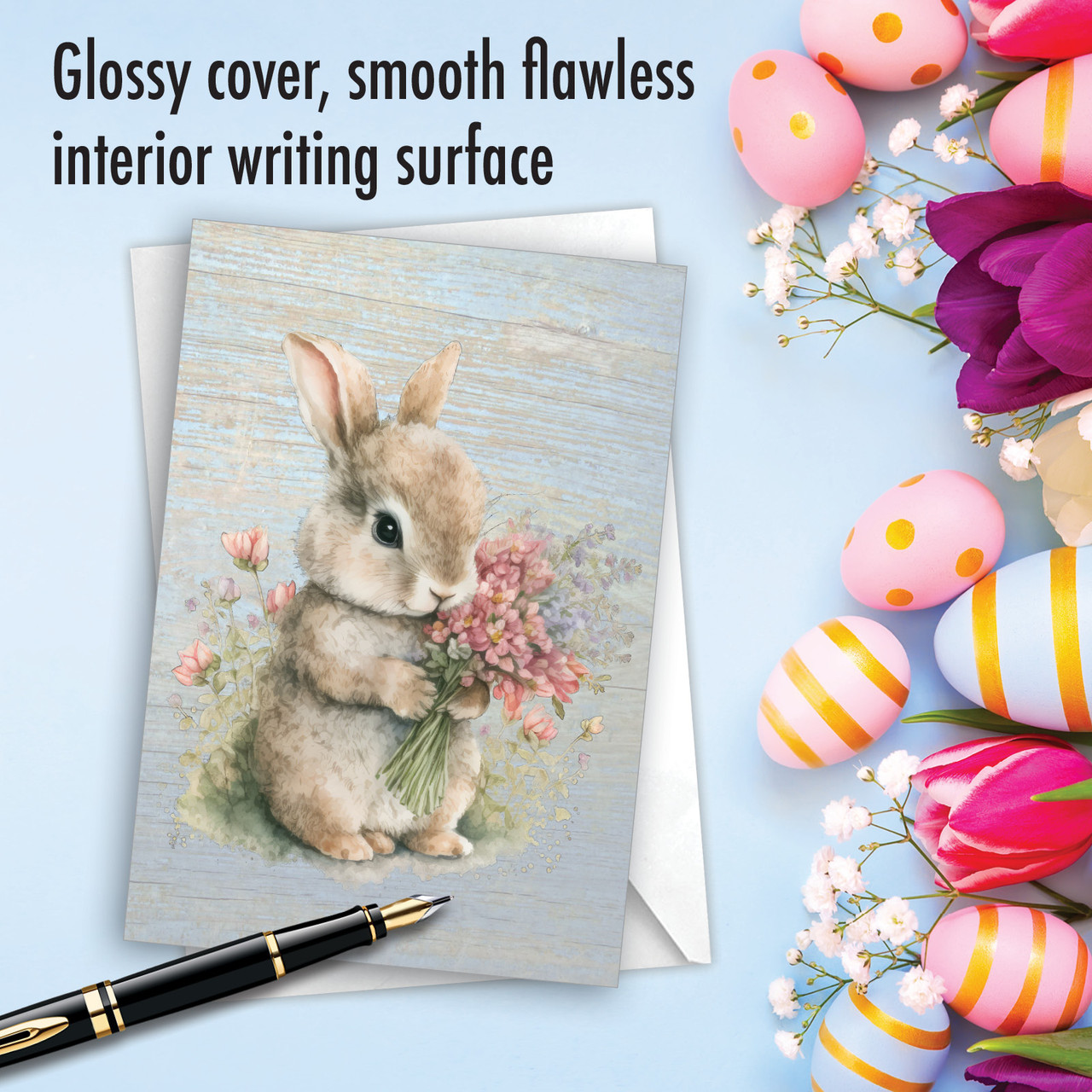 Bunnies With Flowers - Pink, Printed Easter Greeting Card
