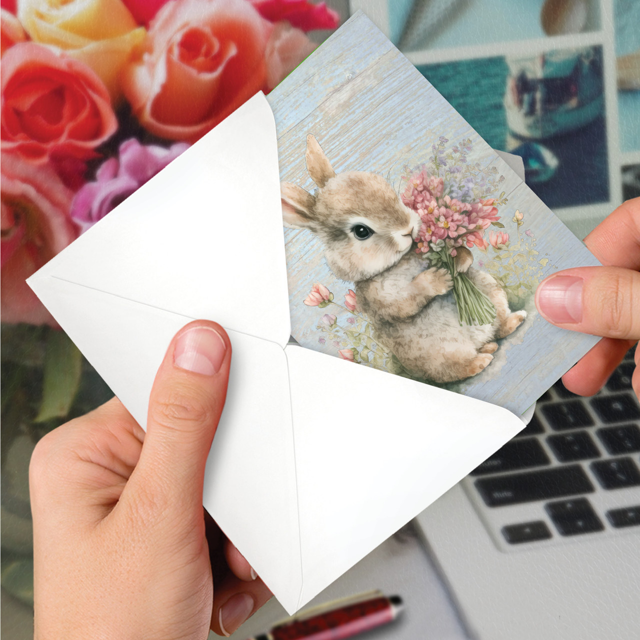 Bunnies With Flowers - Pink, Printed Easter Greeting Card