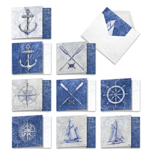 Nautical World, Assorted Set Of 10 Printed Square-Top Blank Notecards - AMQ6671OCB