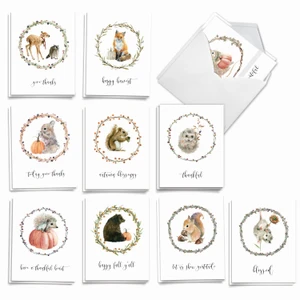 Thankful Critters, Assorted Set Of 20 Printed Thanksgiving Notecards - AM9548TGG