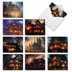 Haunted Houses, Assorted Set Of Printed Halloween Notecards - AM10193HWG-B2x10 Haunted Houses, Assorted Set Of Printed Halloween Notecards - AM10193HWG-B2x10