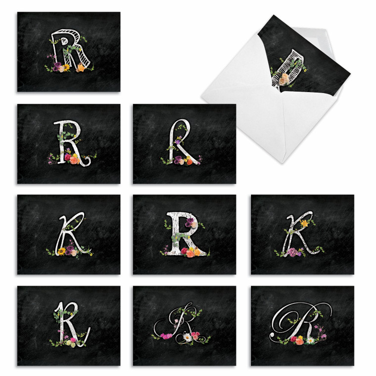 Chalk And Roses Initial R, Assorted Set Of Blank Notecards - AM3834OCB
