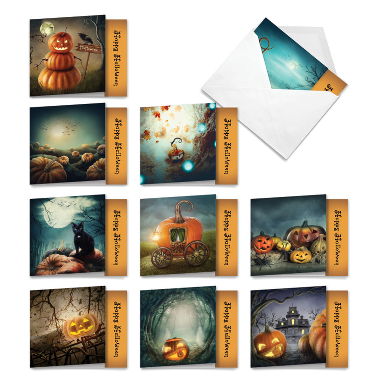Spooky Pumpkins, Assorted Set Of Halloween Notecards - AM4962HWG