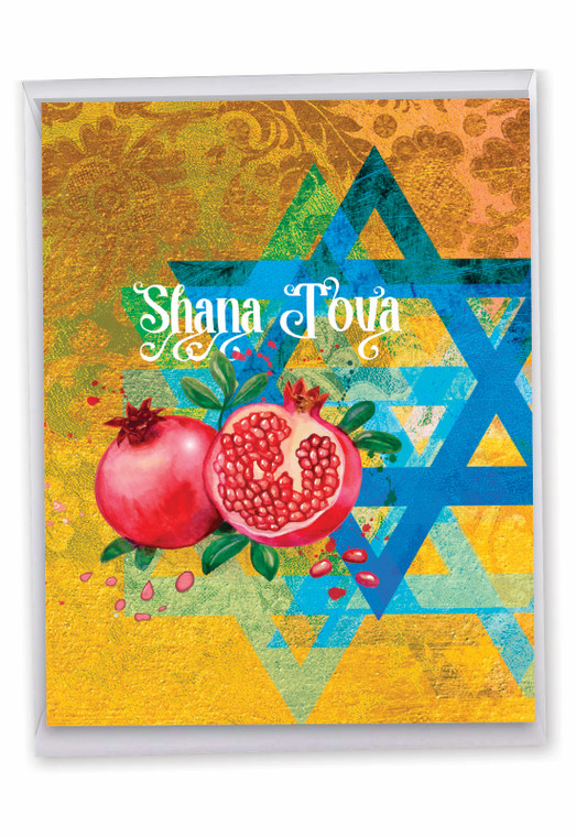 Shana Tova Greetings - Star And Pomegranates, Extra Large Rosh Hashanah Greeting Card - J6135ARHG