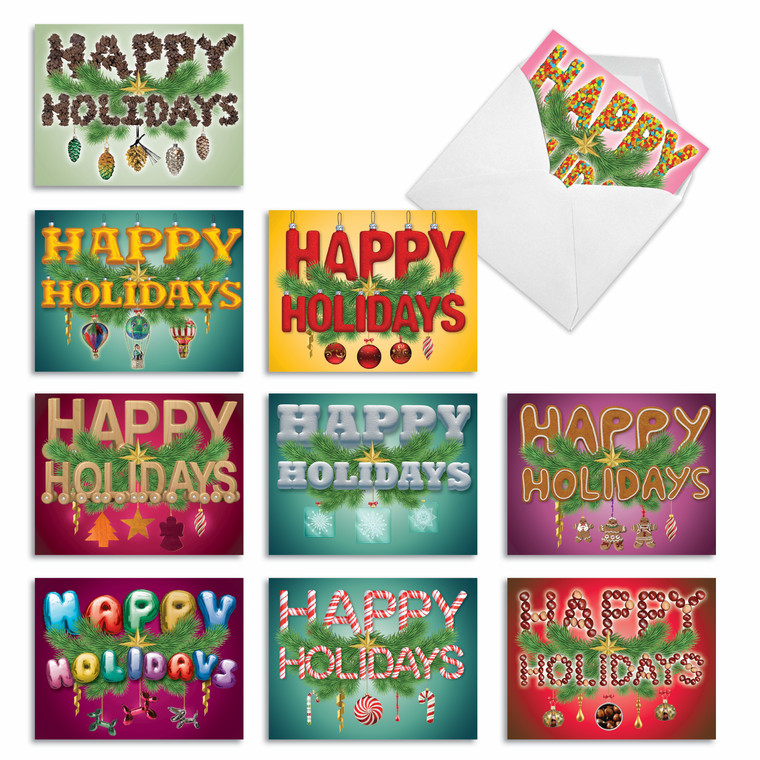 The message "Happy Holidays" appears in each of 10 note cards in different ways. The message is written in candy canes, gingerbread cookies and other inventive lettering and backgrounds.