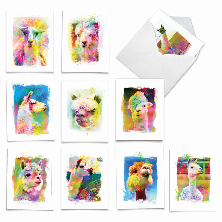 Funky Rainbow Llamas, Assorted Set Of Blank Notecards - AM6862OCB