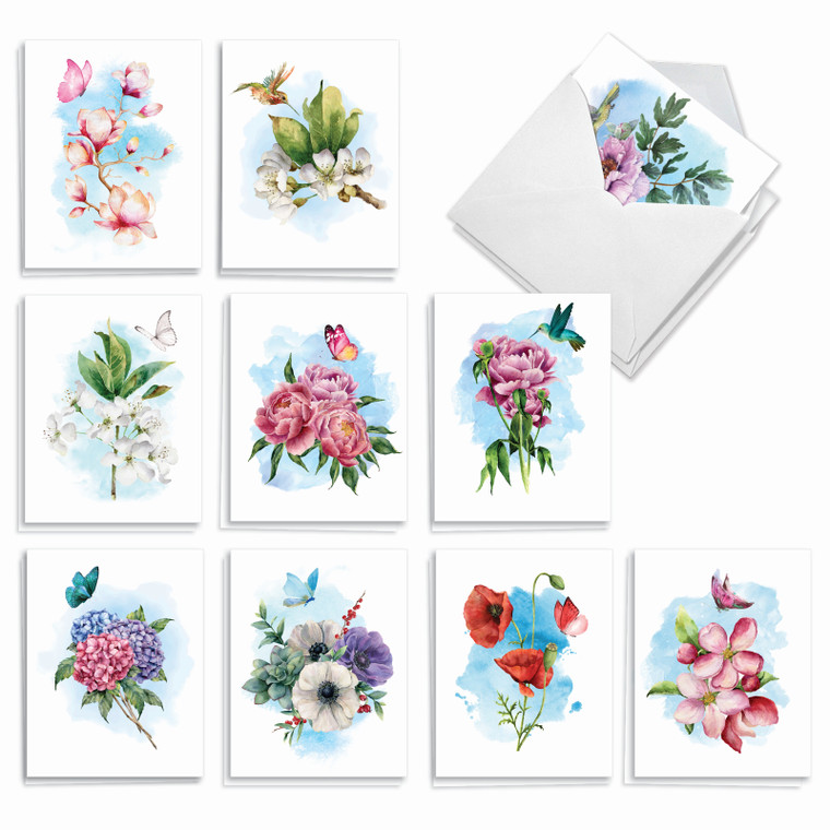 Watercolor Blossoms, Birds And Butterflies, Assorted Set Of Blank Notecards - AM7164OCB