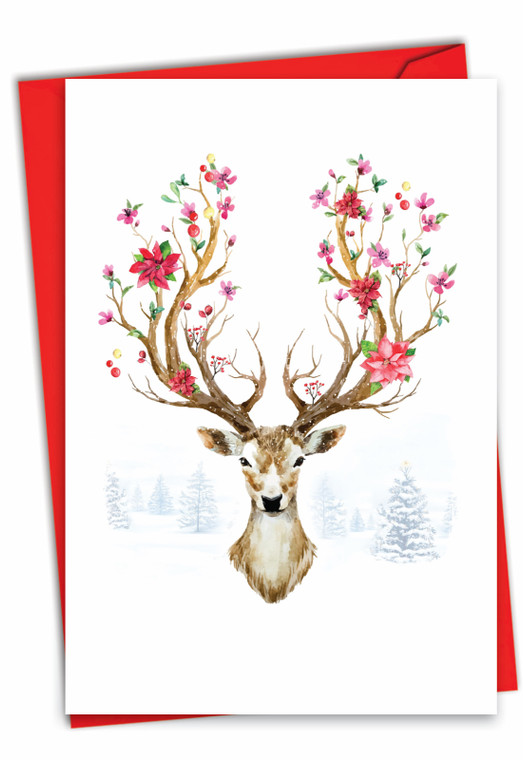 Blooming Reindeer - Branches, Printed Christmas Greeting Card - C7378FXS