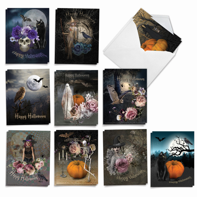 Ghoulish Greetings, Assorted Set Of 20 Printed Halloween Notecards - AM9147HWG
