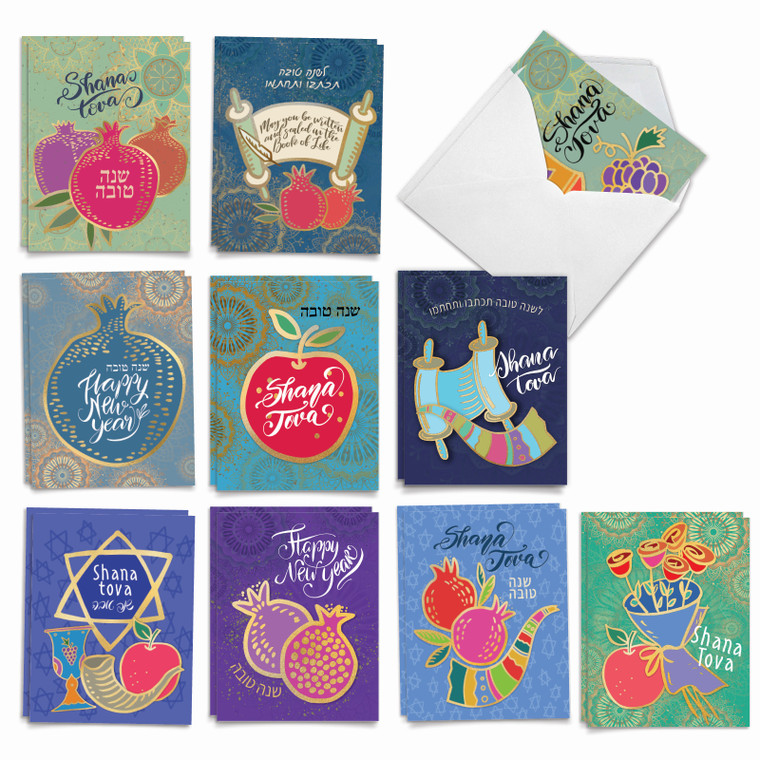 L'shana Tova, Assorted Set Of 20 Printed Rosh Hashanah Notecards - AM9148RHG