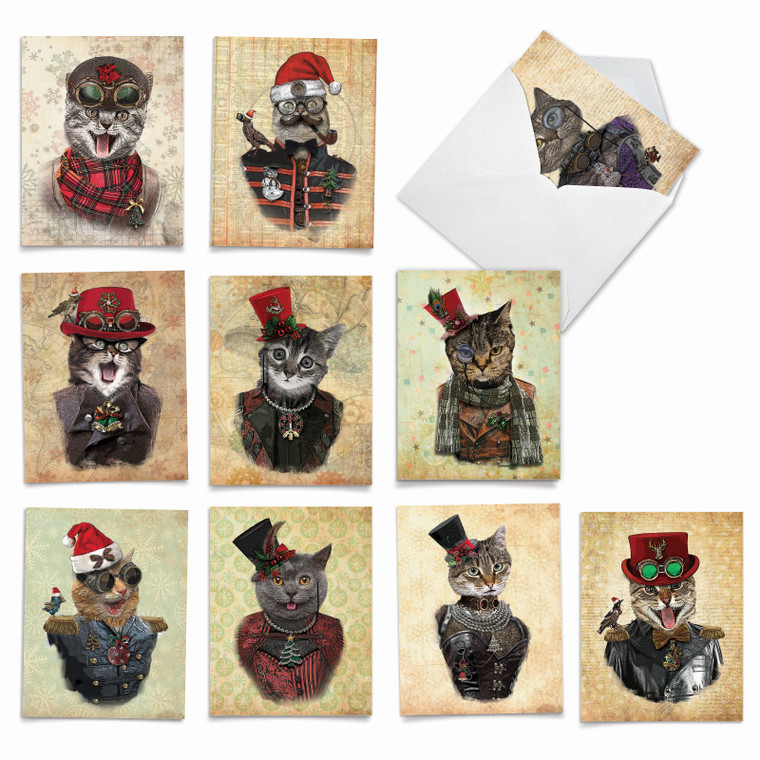 Christmas Steampunk Cats, Assorted Set Of Blank Notecards - AM6554XS