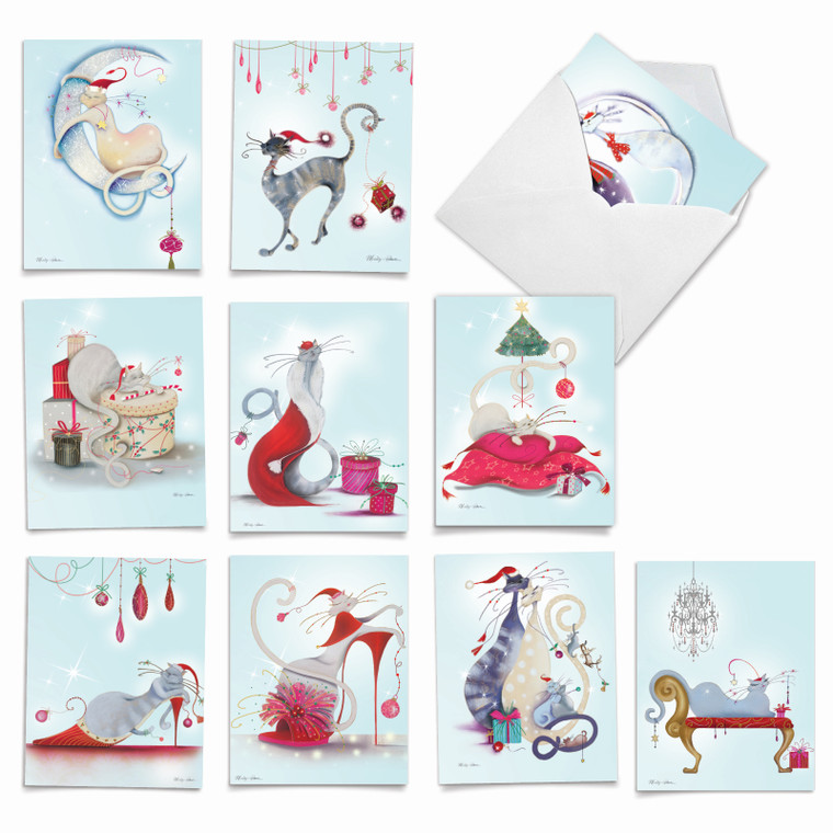 Catitude Festive Felines, Assorted Set Of Blank Notecards - AM3301OCB