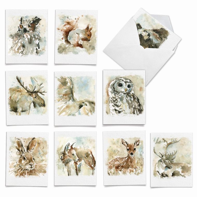 Watercolor Wildlife, Assorted Set Of Blank Notecards - AM6629OCB