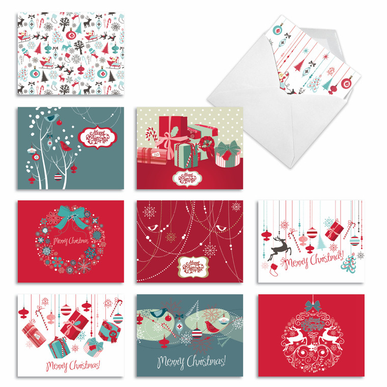 Red And Blue Retro Christmas, Assorted Set Of Blank Notecards - AM6663XSB