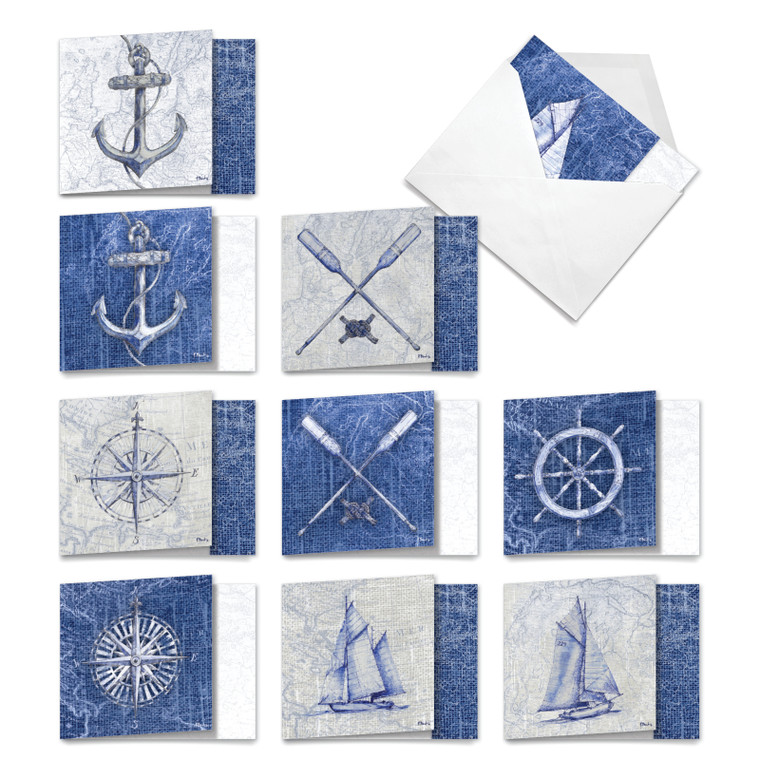 Nautical World, Assorted Set Of 10 Printed Square-Top Blank Notecards - AMQ6671OCB