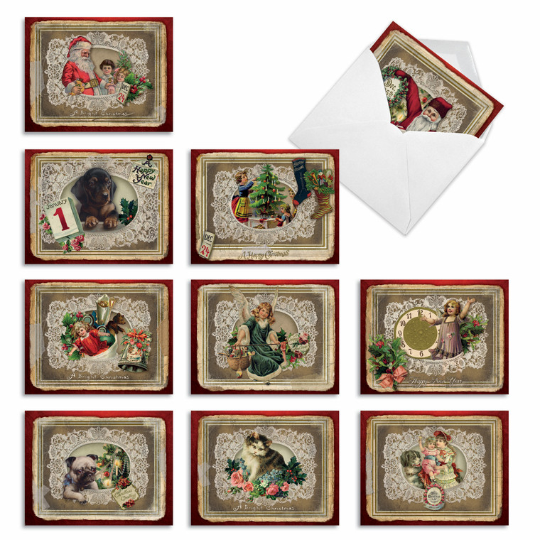 Lace doilies offer a backdrop for nostalgic Victorian imagery of kittens, puppies, angels, Santa, children and New Year's best wishes.