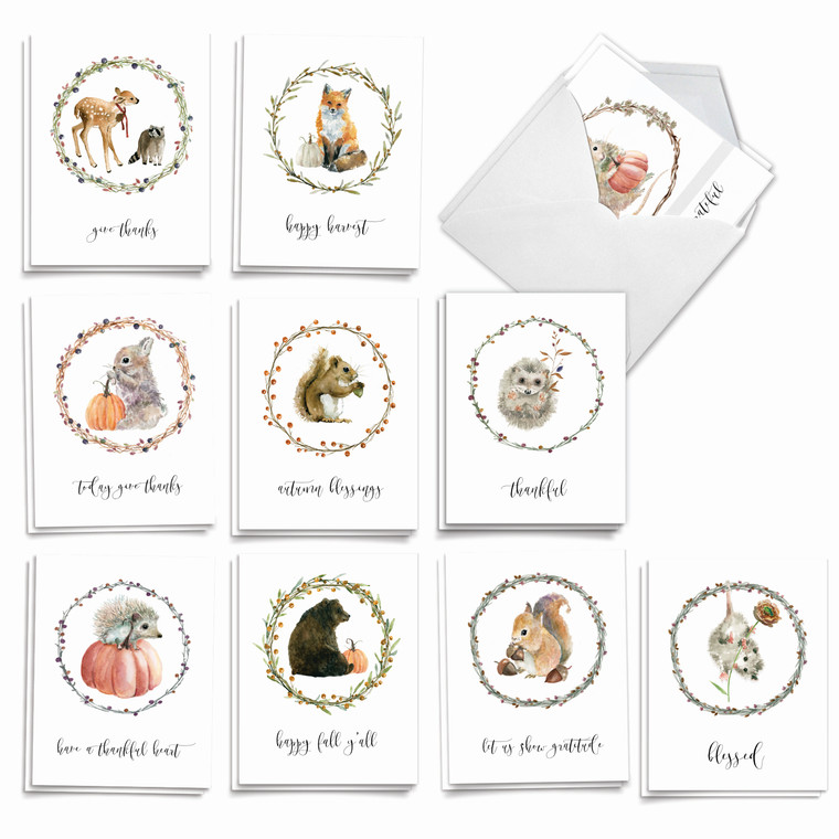 Thankful Critters, Assorted Set Of 20 Printed Thanksgiving Notecards - AM9548TGG