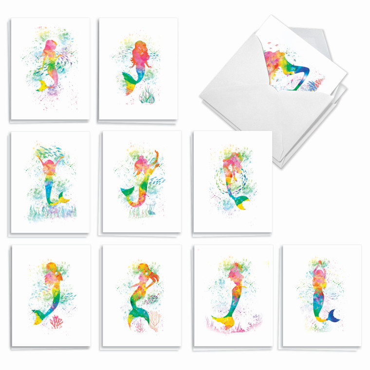 Funky Rainbow Mermaids, Assorted Set Of Thank You Notecards - AM6863TYG