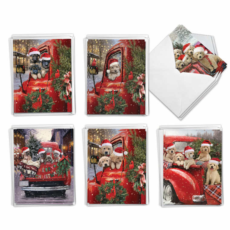 Red Truck Puppies, Assorted Set Of 36 Christmas Notecards - AM3375XSG