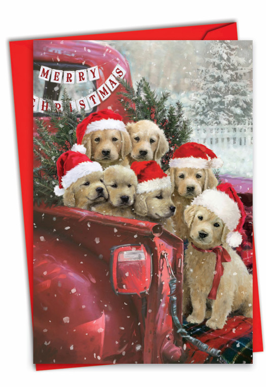 Red Truck Puppies - Goldens, Printed Christmas Greeting Card - C3375BXS