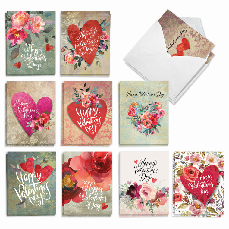 Hearts and Flowers, Assorted Set Of Valentine's Day Notecards - AM10413VDG