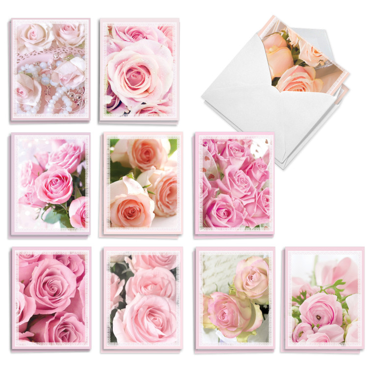 Pink Roses, Assorted Set Of Printed Blank All Occasions Notecards - AM10311OCB-B2x10