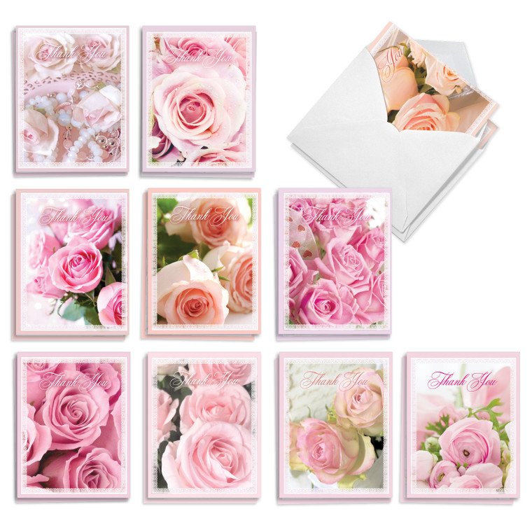 Pink Roses, Assorted Set Of 20 Printed Blank Thank You Notecards - AM10311TYB-B2x10