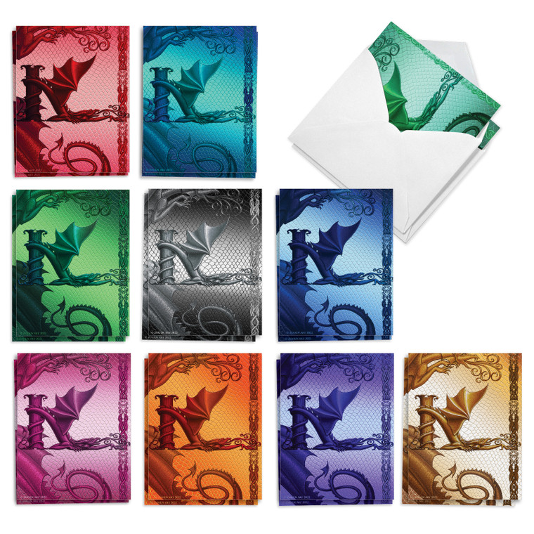 Dragon Initials K, Assorted Set Of Printed Blank All Occasions Notecards - AM10318OCB-B2x10