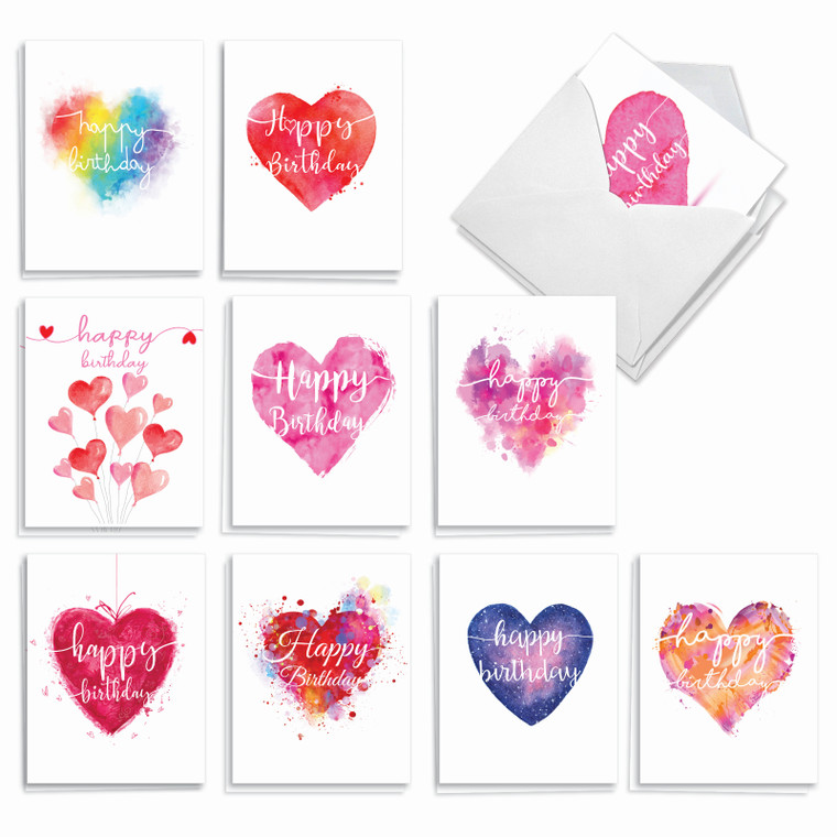 Line Heart, Assorted Set Of Printed Birthday Notecards - AM3182BDG-B2x10